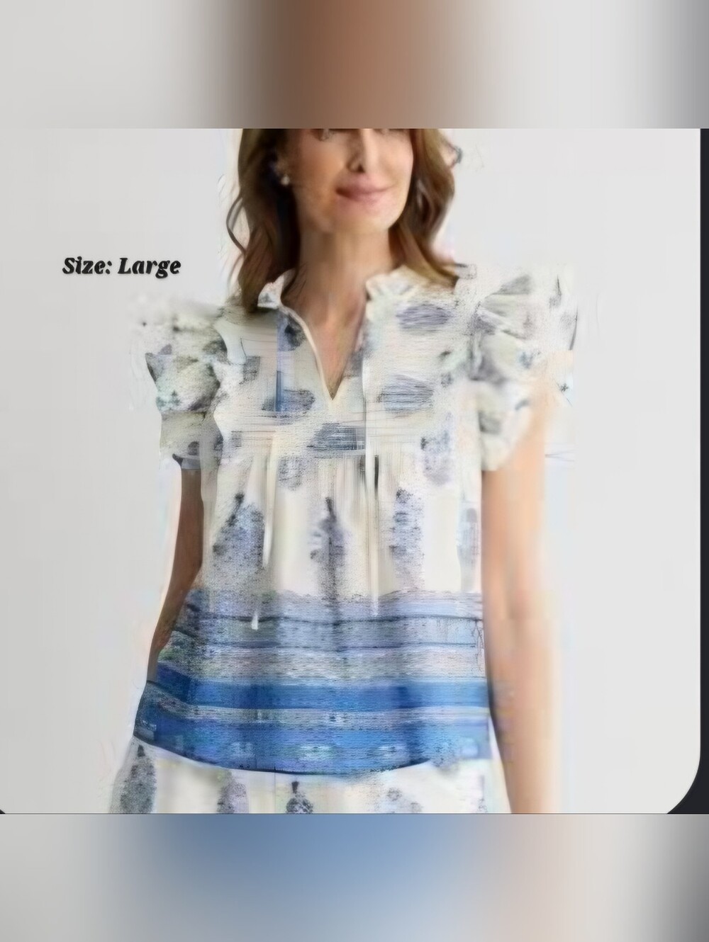 Farmer's Market Floral Women's Ruffled Sleeve Blouse White Blue 100% Cotton L